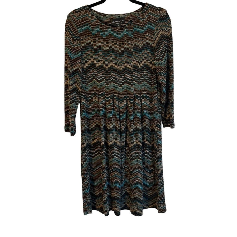 Connected Apparel 3/4 Sleeves Dropped Waist Brown and Blue Chevron Dress Sz M